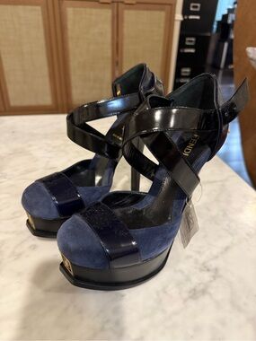 Fendi Navy Suede & Black Patent Platform Sandals